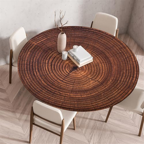 Odot Waschbare Elastische Runde Tischdecke 3D Holzdruck - Anti-Tear Wischbare rutschfeste Rund Tischdecken Abwaschbar Abwischbar Tischtuch für Dekoration Kaffee Garten Party (100cm,Baum)