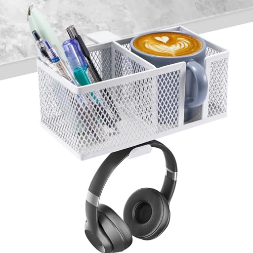 3in1 getränkehalter Tisch Kopfhörer Halter Unter Schreibtisch Headset Halter 360° Drehbarer Headphone Stand & Abnehmbarer Becherhalter Stiftehalter Organizer getränkehalter Tisch Home Office (Blanca)