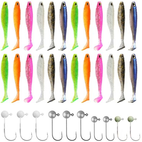 33 Stücke Gummifische Angel Köder Angelköder Gummifische für Hecht Gummifisch Köderfische 24 Köder (6 Farben) 10 Haken (2 Größen 5 Glow in The Dark) Geeignet für Verschiedene Angelabenteuer