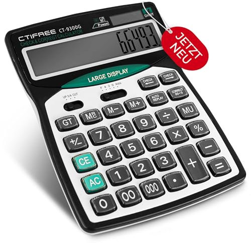 OfficeNest Business Tischrechner - 000-Taste – Check & Correct - 14-stelliges großes Display - ergonomische große Tasten – Solar + Batterie – Rechenmaschine für Büro, Kasse, Lager, Schule – Schwarz