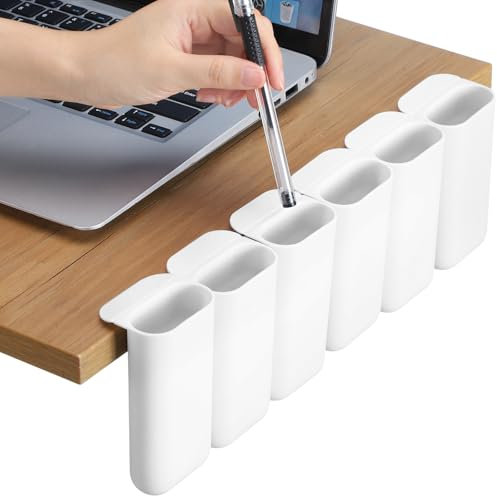Resurhang 6 Pcs Screen Pen Pencil Holders Attachable Deskside Pen Holder Computer Monitor Desktop Pen Organizer with Self Adhesive Attacher for Office Supplies Work Gadgets Storage (White)
