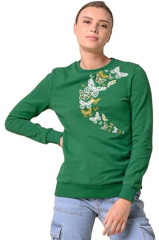 Enorsia Womens Butterfly Print Sweatshirt Crew Neck Long Sleeve Jumper Glitter Design Ribbed Detail Cotton Blend Comfortable Fit Ladies Sweatshirt Everyday Casual Chic Layering Top