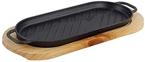 Grande vassoio da bistecca in ghisa con manico, piatto da portata da cucina in ghisa con vassoio in legno per servire e intrattenere in modo elegante a casa