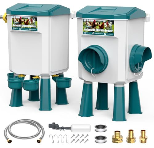 CHAMUTY Mangeoire Poules, Abreuvoir Poules Automatique 7 litres avec Pieds, Flotteur Filtré, Tuyau en Acier Inoxydable de 1,5 m, Distributeur Eau Poule Automatique, Mangeoire Poules Anti Nuisible