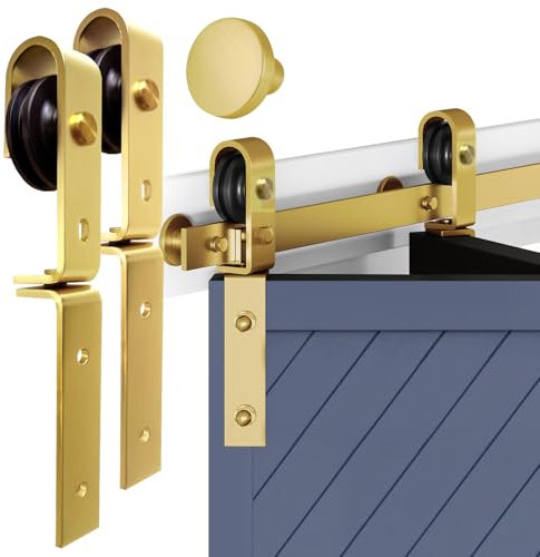 Rio Salto Gold Bifold Sliding Barn Door Hardware Kit Heavy Duty Metal Track System with Matching Knobs Gold Bi-Fold Barn Door Bifold Closet Doors, Bi-Folding 40 Track for 2 Doors, 2 Rollers No Door