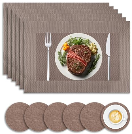 XHYASD 12 Stück Platzsets 45 x 30 cm mit 6 Untersetzern Kaffee | PVC gewebt und Leder, 6 Platzsets und 6 Untersetzer, hitzebeständig, rutschfest