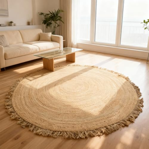 FURNISHFUL FINESSE Runder Jute-Teppich, handgewebt – 243 cm rund | Handgewebt aus 100% Jute; natürliche Boho-Optik; ideal für Wohnzimmer, Schlafzimmer und Küche.