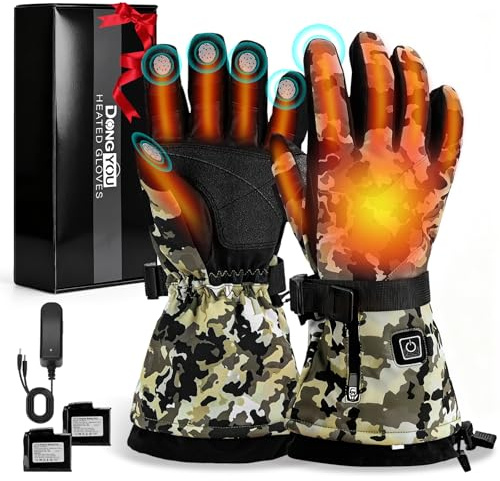 Lychee Camouflage Rechargeable Heated Gloves, 7.4V, 22.2Wh Fast Heating for Men Women, Waterproof & Double Windproof Electric Heated Gloves, Camp Gloves for Outdoor Skiing Hunting Hiking Camping