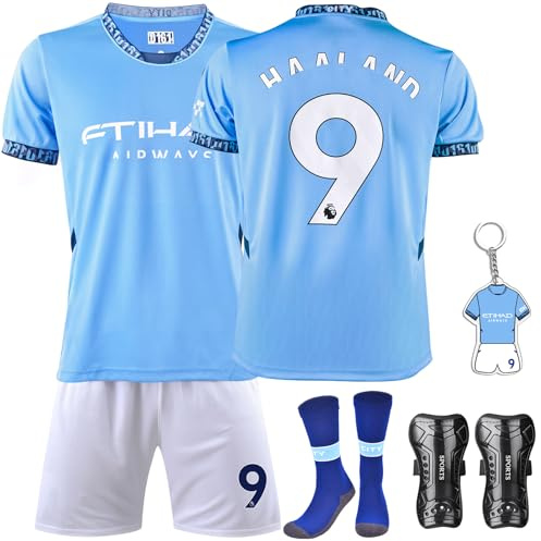 Fußballtrikot Kinder, 24-25 Nr. 9 Fussballtrikot Kinder Jungen, Fussball T-Shirt Shorts Socken, Schlüsselanhänger und Schienbeinschoner Set（Blau, Größe 24）