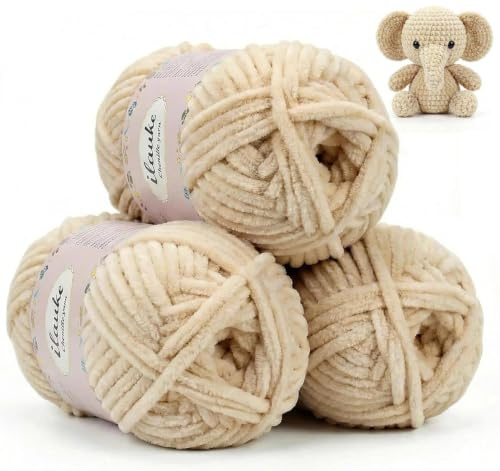ilauke 3x100g Samt Chenille Wolle zum Häkeln, Beige Weich Chenille Garn für Häkelgarn, Dicke Babywolle zum Stricken, Häkelwolle Flauschig für Kuscheltiere, Decken, Pullover, Schals