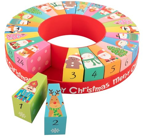 Idena 31492 - Adventskalender zum Befüllen, 24 nummerierte Geschenkboxen mit Weihnachts-Motiven, runder Weihnachtskalender ca. 31,5 x 6,5 cm
