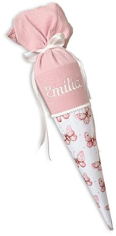 Generisch Schultüte für Mädchen Rosa Schmetterlinge | personalisierte Zuckertüte mit Name | handgemacht | hochwertige Stoffschultüte zur Einschulung (70cm - mit Kissen)