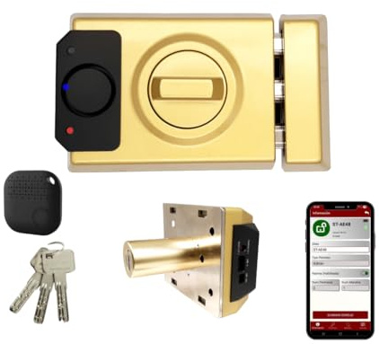 Lince SMARt7930 Cerradura inteligente para puerta – Cerrajo con alarma de 100 dB, control por aplicación, control remoto y llave reversible de alta seguridad – Recargable por USB-C – Color Oro