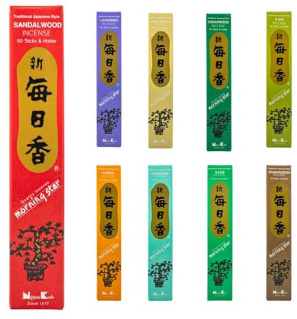 Nippon Kodo Morning Star 9-teiliges Räucherstäbchen Set Geschenk oder Probierset, Sandelholz, Zedernholz, Kiefer, Lavendel, Weihrauch, Palo Santo, Salbei, Gardenie, Amber