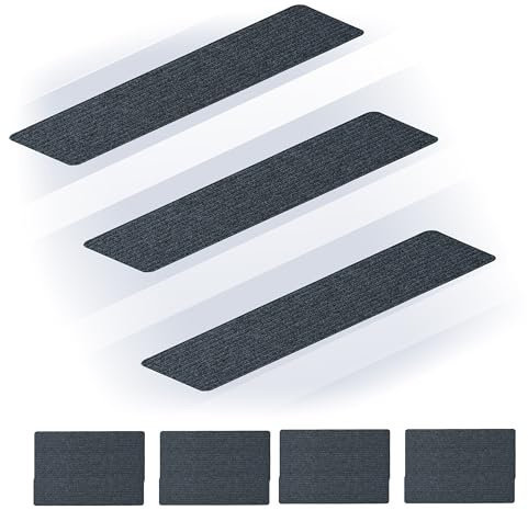 Relaxdays Stufenmatten 16er Set, rechteckige Treppenstufenmatten, 75 x 20 cm, selbsthaftende Treppenteppiche, dunkelgrau