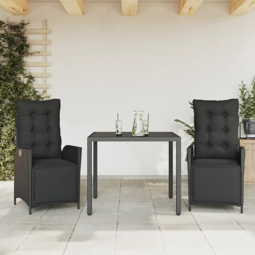 LoogCape 3-TLG. Garten-Essgruppe Schwarz aus Poly Rattan mit Kissen, Verstellbare Relaxsessel, Glastisch für Terrasse, Balkon, Außenbereich