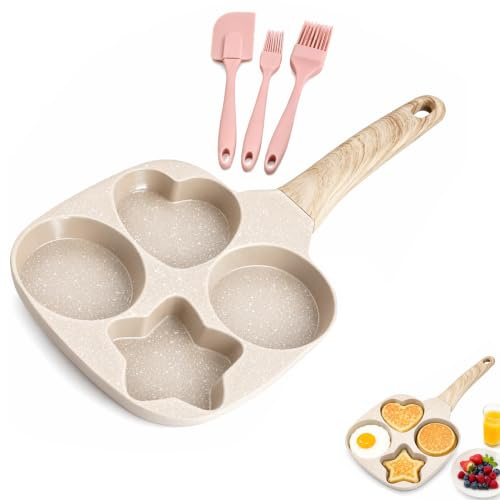 Egg Frying Pan, 4 Hole Non Stick Frying Pan with Heat Resistant Handle | Aluminium Alloy, 4 Hole Design with 3 Silicone Scraper, Non Stick Coating, Easy to Clean for Breakfast Omelette Preparation