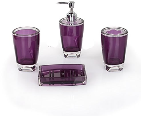 Fingey Badezimmerzubehör-Set, modernes Design, aus Keramik, mit Seifenschale, Zahnbürstenhalter, Seifenspender, Zahnputzbecher, 4 Stück violett