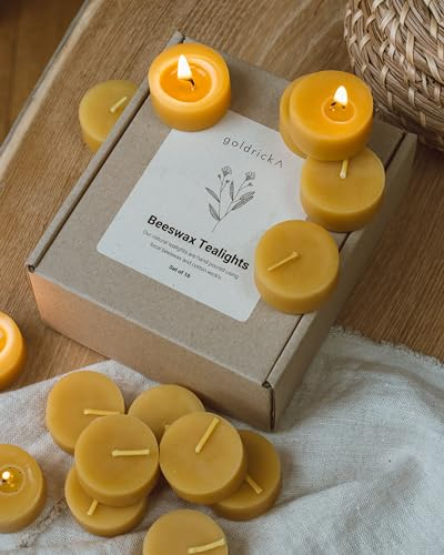 Goldrick Beeswax Tealights. (in Metal Cases) 100% Beeswax | Handmade, Natural and Pure Candles | Eco-Friendly Gift Box. (Box of 16)