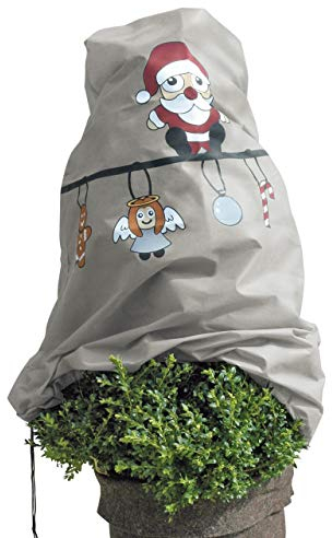 AFP Winterschutz Vlieshaube Girlande Xmas Santa, beige/bunt, 120 x 125cm, 50g/qm Gartenvlies atmungsaktiv/Frostschutz Pflanzen/Gartendeko/Kordel / 2 Jutesäckchen gratis