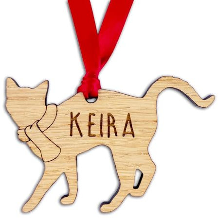 Wooden Cat Christmas Tree Decoration: Oak Veneer or White Wood: Design 1 - Personalise with any Name! (Oak Veneer Wood)