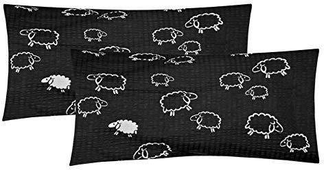 Seersucker Kissenbezug 2er Set 40x80cm Schafe Lämmer Schwarz (99-1-S) | Kopfkissenbezug, Kissenhülle, Doppelpack in 100% Baumwolle, Reißverschluss - Tiere in Schwarz & Weiß