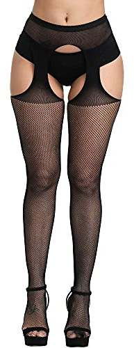 E-Laurels Womens High Waist Patterned Fishnet Tights Suspenders Pantyhose Thigh High Stockings Black (Black_A6)