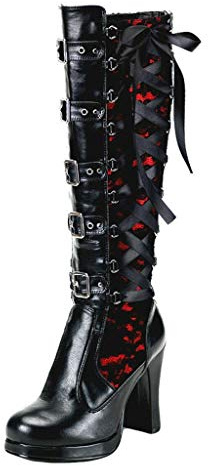 SoonerQuicker Botas altas hasta la rodilla para mujer, tacón alto, botas de plataforma de tacón de bloque, botas de cuero con cordones, steampunk, gótico, vintage, cosplay, Red, 38.5 EU