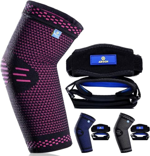 ABYON Ellenbogenbandage für Damen, Kompression Ellenbogen Bandage (1 Stücke) mit Tennisarm Bandage (2 Stücke) für Tennisarm, Golferarm, Arthritis, Sehnenentzündung (Rosa, XL)