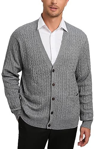 Kallspin Men’s Wool Blend Cardigan Sweater Cable Knit V Neck Button Front Casual Knitwear Jumper(Light Grey, X-Large)