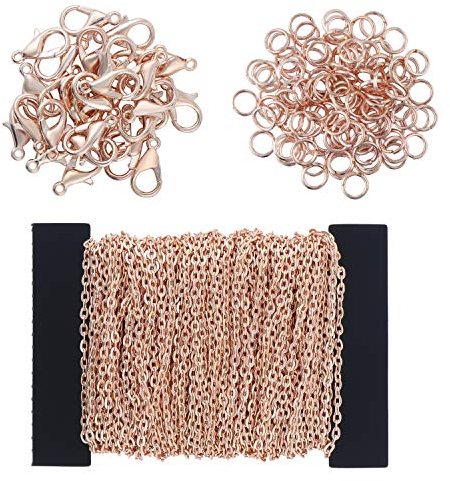 Coolty 39 Füße Kabel Kette Halskette, DIY Link Kette Ketten Gliederkette Halsketten mit 100 Biegeringe und 30 Karabiner für Schmuck Herstellung(Rose Gold)