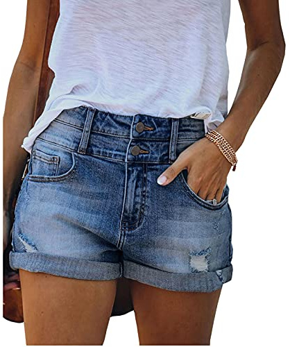 Bichingda Kurze Jeans-Shorts für Damen, hohe Taille, ausgefranster Saum, Kurze Sommerhose mit Taschen, dunkelblau, XX-Large