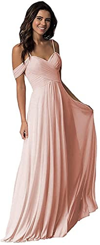 KURFACE Robe de demoiselle d'honneur à épaules dénudées, coupe trapèze, longue froncée, robe de soirée, robe de bal, rose poudré, 44