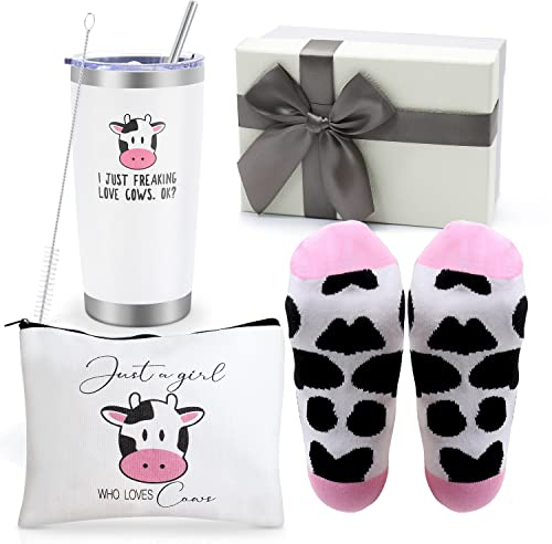 UAREHIBY Geschenke mit Kuh-Motiv, beste Geschenkidee, niedlicher Kuh-Aufdruck, 590 ml, Weinglas und Socken für Frauen, Geschenkkorb-Set für Kuhliebhaber, niedlicher Kuh-Aufdruck für Bauernhoftiere