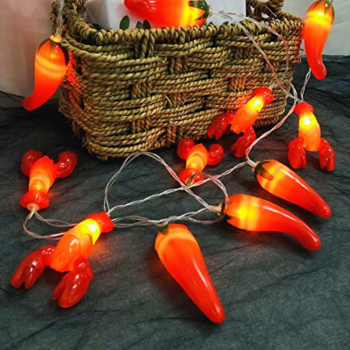 Riaxuebiy Lobster String Lights 10ft 20 LED 3D Red Lobster Pepper Chilli Twinkle Fairy Lights Battery Operated for Bedroom Porch Garden Tent Wedding Birthday Decoration (3m/20led, Lobster+Pepper)