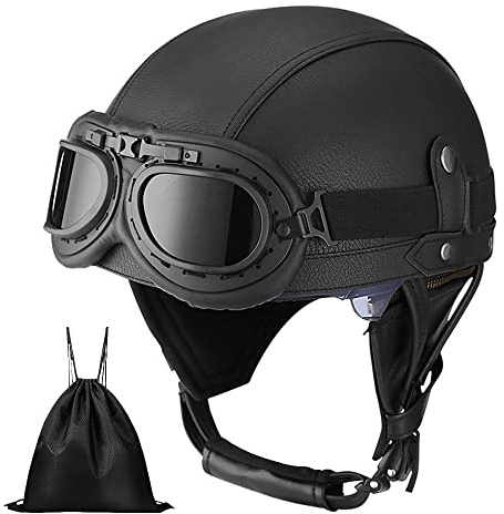 Casque de Moto Vintage Cuir Retro Vintage Scooter Open Face Demi Casque de Cuir avec Lunettes Certifié ECE Bols pour Homme et Femme Adultes Demi-Casques avec Sac de Rangement