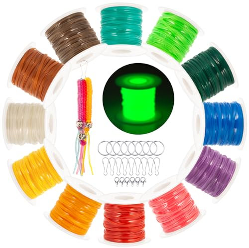 PP OPOUNT Glow in The Dark Plastic Lanyard Schnur, 12 Rollen Kunststoff Schnürschnur, Gimp String Kit für DIY Armbänder, Schlüsselanhänger und Lanyards (394 Fuß)