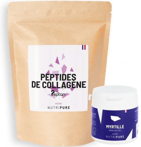 Nutripure Collagène | Peptides de Collagène Peptan | Acides Aminés, Types 1 | Protège Os et Articulations, Hydratation de la Peau | Arôme Myrtille | Sachet de 310g | 1 Mois | Made in France