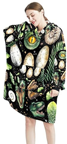 Dinosaurier Eyes Fossil Green Wearable Blanket Hoodie, Oversized Hooded for Women, Comfy Sweatshirt, Multicolor, One size