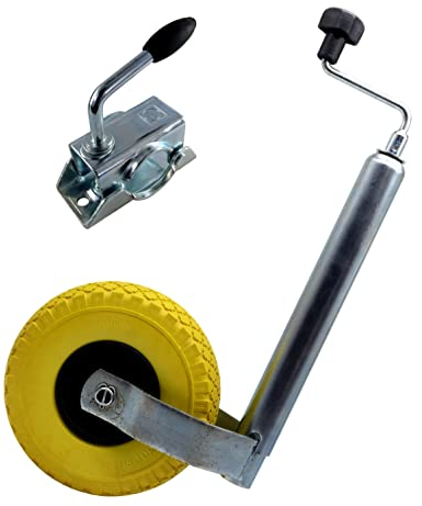 Generisch PU Stützrad Bugrad Deichselrad gelb inklusive original Klemmhalter von Winterhoff 150kg 48mm Anhänger Wohnwagen Rad 3.00-4 (Set)