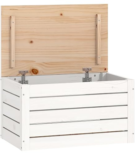 vidaXL Solid Pine Wood Storage Box, Modern Style Wooden Tool Bin with Practical Lid & Large Compartment, White Finish - 59.5x36.5x33 cm