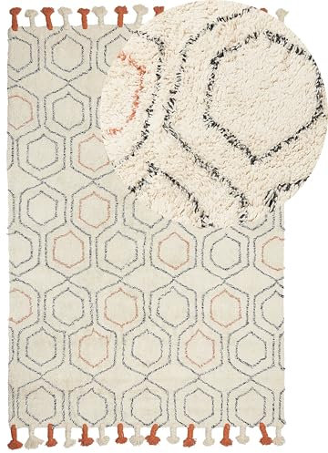 Beliani Teppich Baumwolle beige geometrisches Muster mit Quasten 160 x 230 cm Hajipur