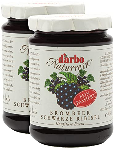 Food-United passierte KONFITÜRE EXTRA Brombeer schwarze Ribisel 4x 450g Glas von DARBO Naturrein Brombeerkonfitüre mit schwarzen Johannisbeeren passend für Frühstück Gebäck Füllungen (4)
