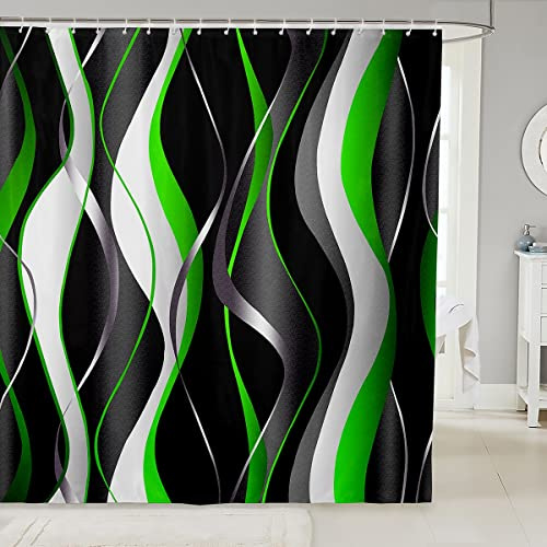 Loussiesd Green Grey Black Shower Curtain Geometric Spiral Fabric Shower Curtains for Kids Boys Girls Abstract Art Bathroom Waterproof Accessories with 12 Hooks Modern Luxury Curtains,72x84 Inch