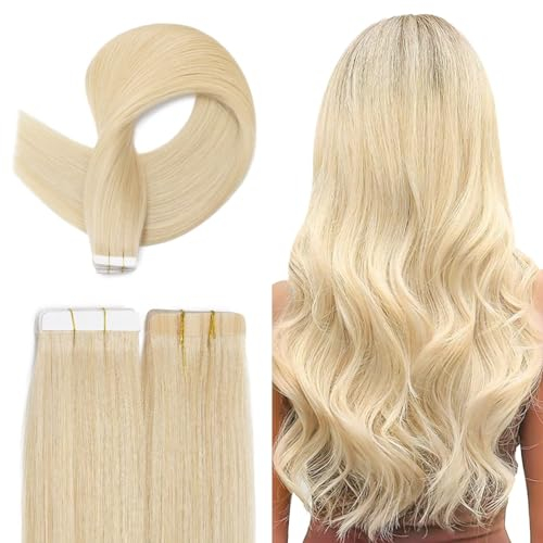 TESS Tape Extensions Echthaar 35 cm, Blond Tape Klebeband Haarverlängerung 20 pcs Glatt Lichtblond Remy Tape in Hair Extensions für Haarverdichtung (20pcs-20g)