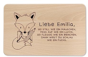 wunderwunsch - Individuelles Holzbrett mit Gravur zum Schulanfang - Personalisiertes Frühstücksbrettchen - Niedliche Motiv-Brettchen mit Namen