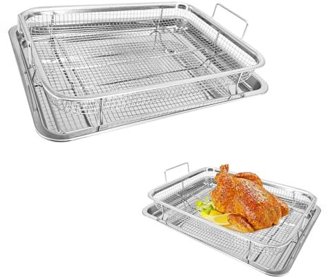 Fritteusenkorb und Tablett für Ofen, Edelstahl-Crisper-Tablett und Korb, 39 x 29 cm, Grillrost Speckpfanne für Heißluftfritteusen-Ofen, Set mit 2 perfekten Backformen