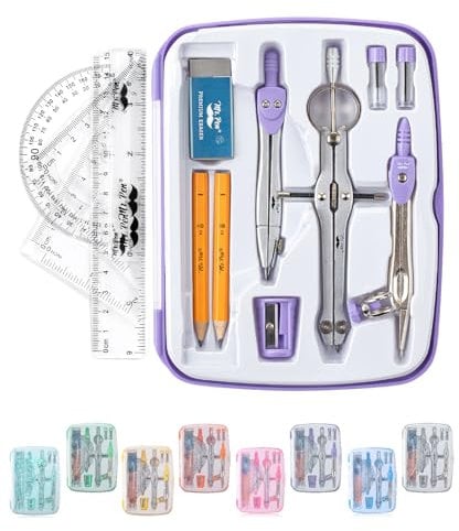 Mr. Pen- Geometry Set, 13 pcs, Compass for Geometry Compass, Geometry Kit Set with Shatterproof Storage Box, Math Compass, Geometry Set for School, Compass Math, Protractor and Compass Set, Purple