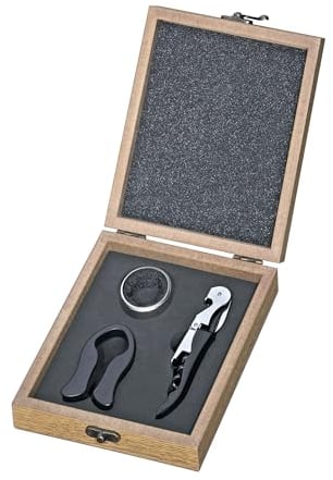 cilio Weinset PIEMONTE 3-teilig, Kellnermesser mit zweistufigem Hebel, integrierter Folienschneider, Flaschenöffner, Tropfenfänger, Holzbox, Geschenkset