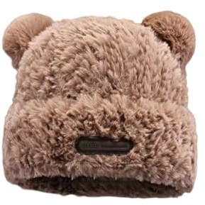 Niedliche Fuzzy-Bären-Mütze, hautfreundliche Plüsch-Bär-Mütze, Mütze mit Ohren, Beanie-Mütze für Frauen (Khaki,One Size)